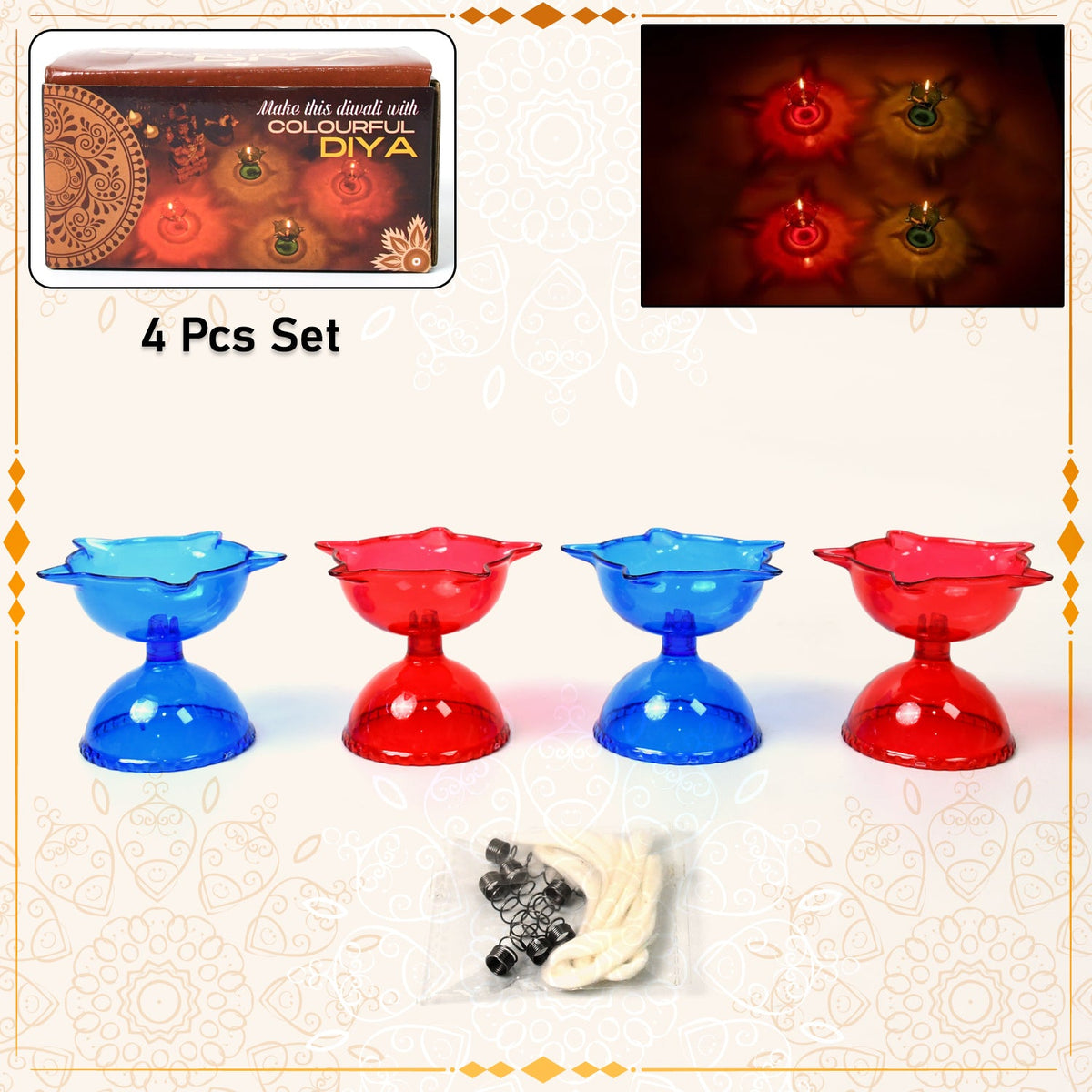 Assorted colourful plastic candle cups, part of the Reflection Diya Set, arranged for decoration.