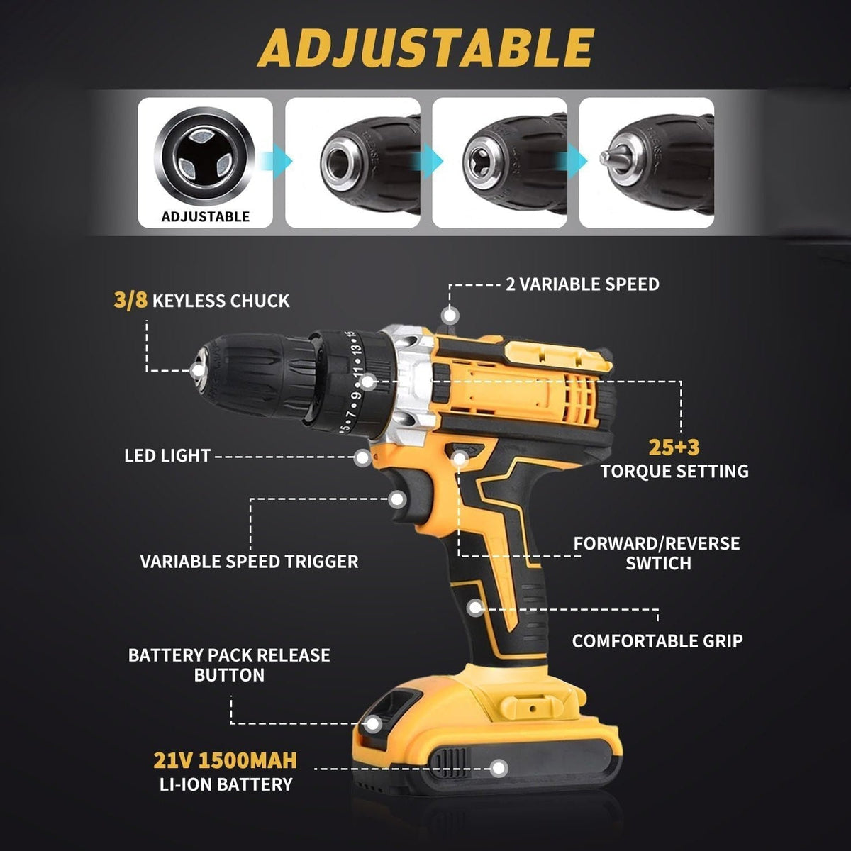 Close-up of the PowerXpert cordless drill showcasing its adjustable clutch and ergonomic handle.