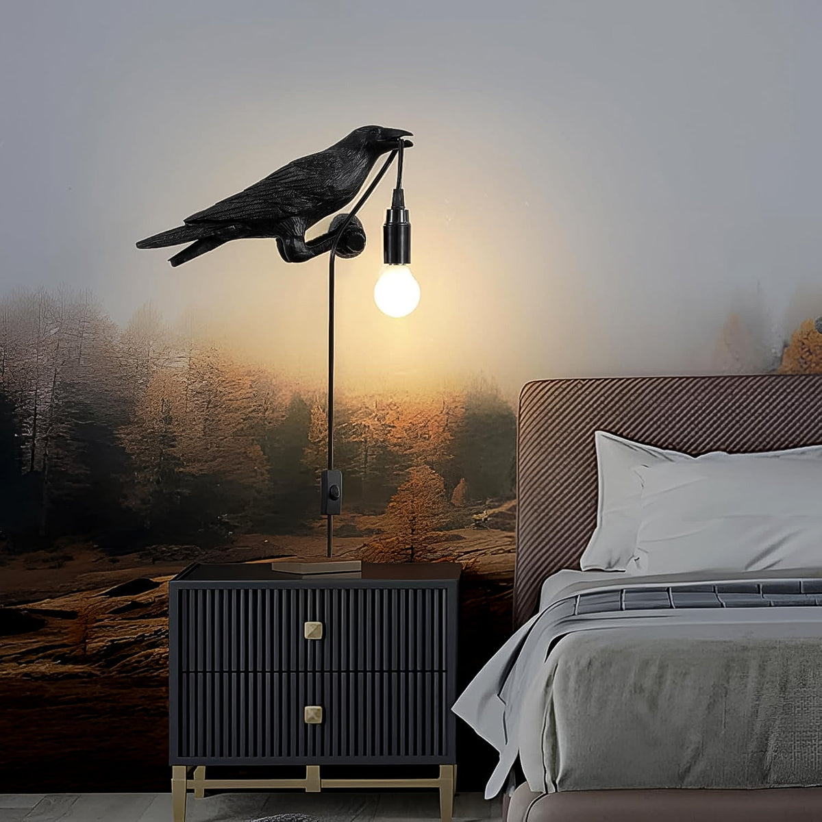 The crow table lamp displayed in a living room setting, adding a touch of vintage charm.
