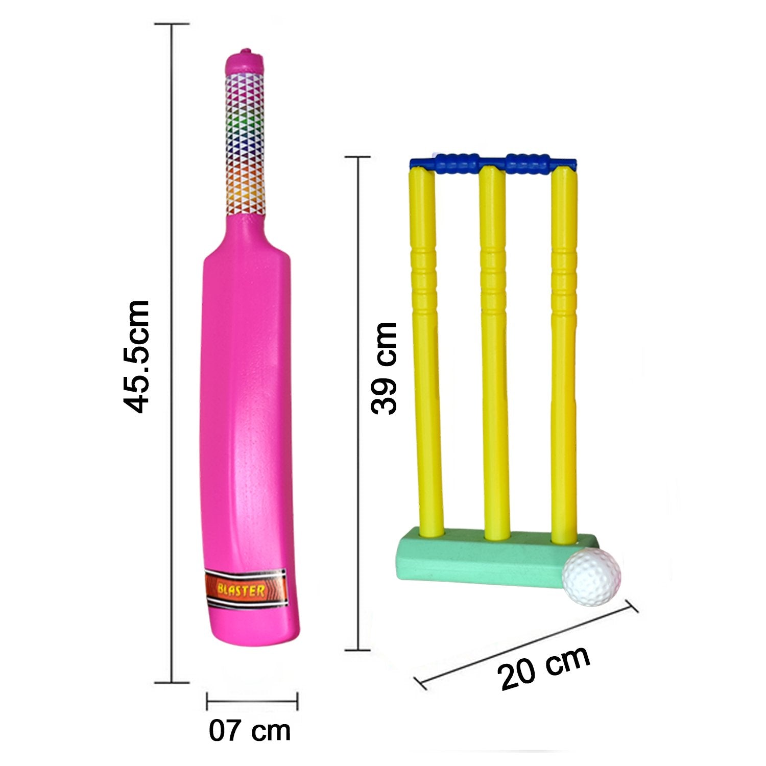Plastic cricket bat and ball, designed for safe and fun play.