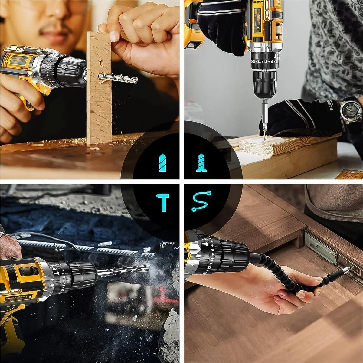 The compact PowerXpert cordless drill set displayed with its various bits and charger.