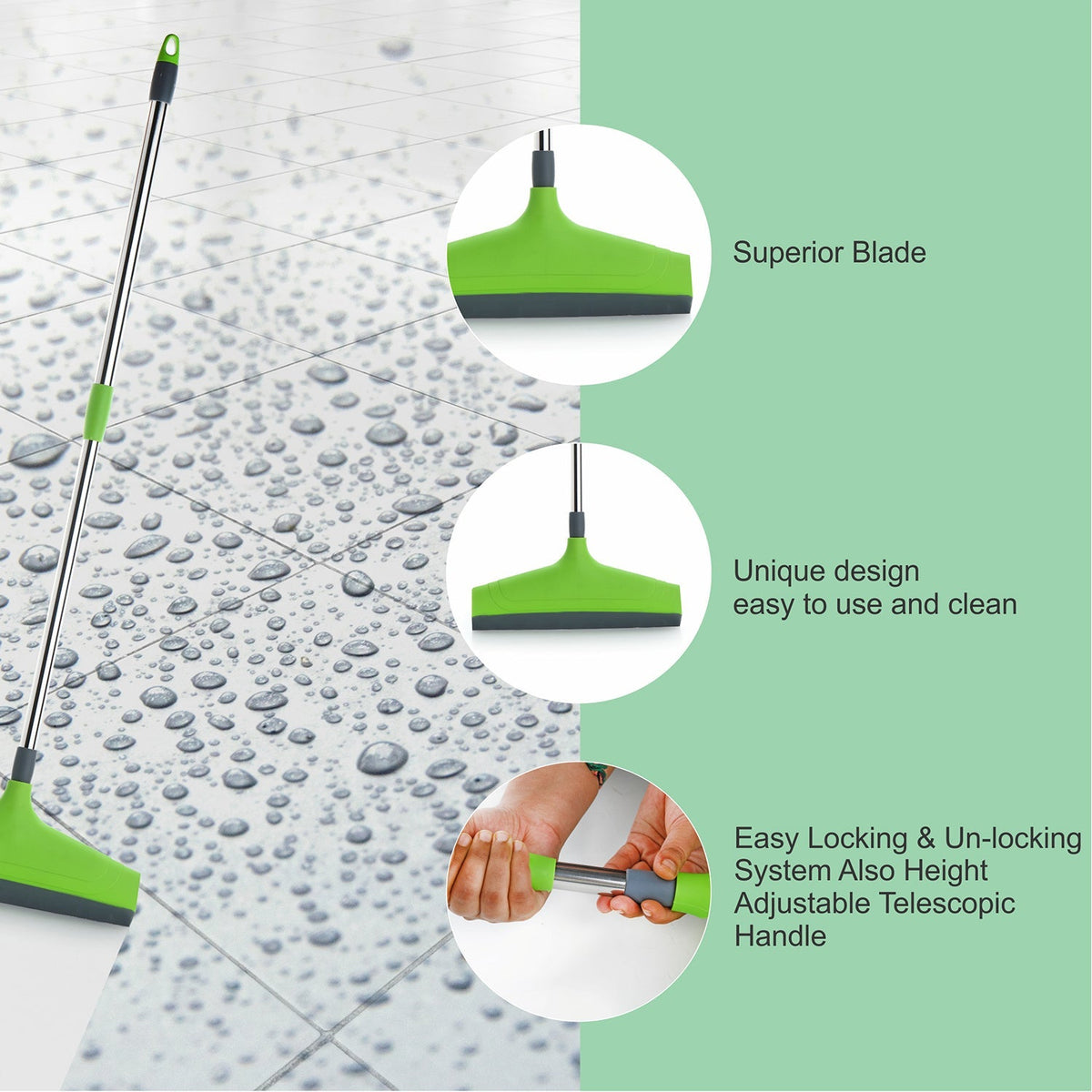 Multi-angle view of the adjustable floor wiper in action on a tiled floor.