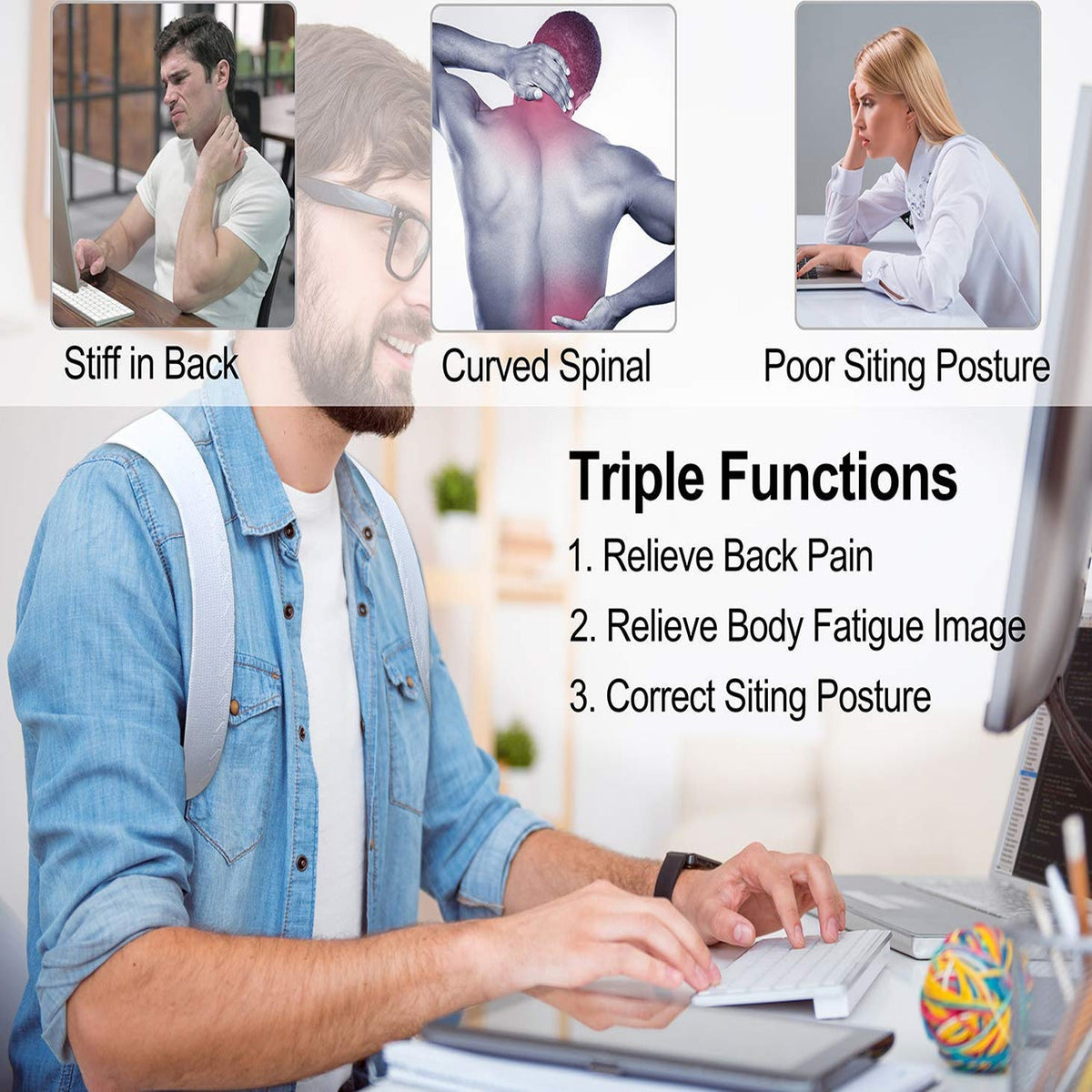 Diagram illustrating the benefits of using a back and shoulder support belt for spinal alignment.