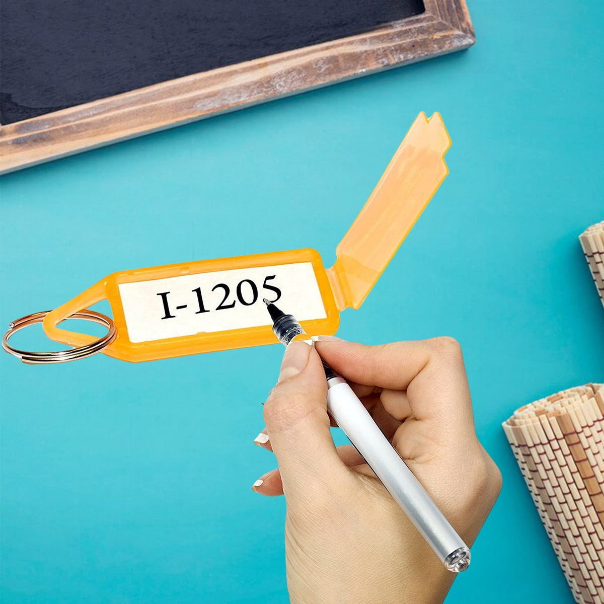 Plastic keychain tags with split rings for attaching keys and cables