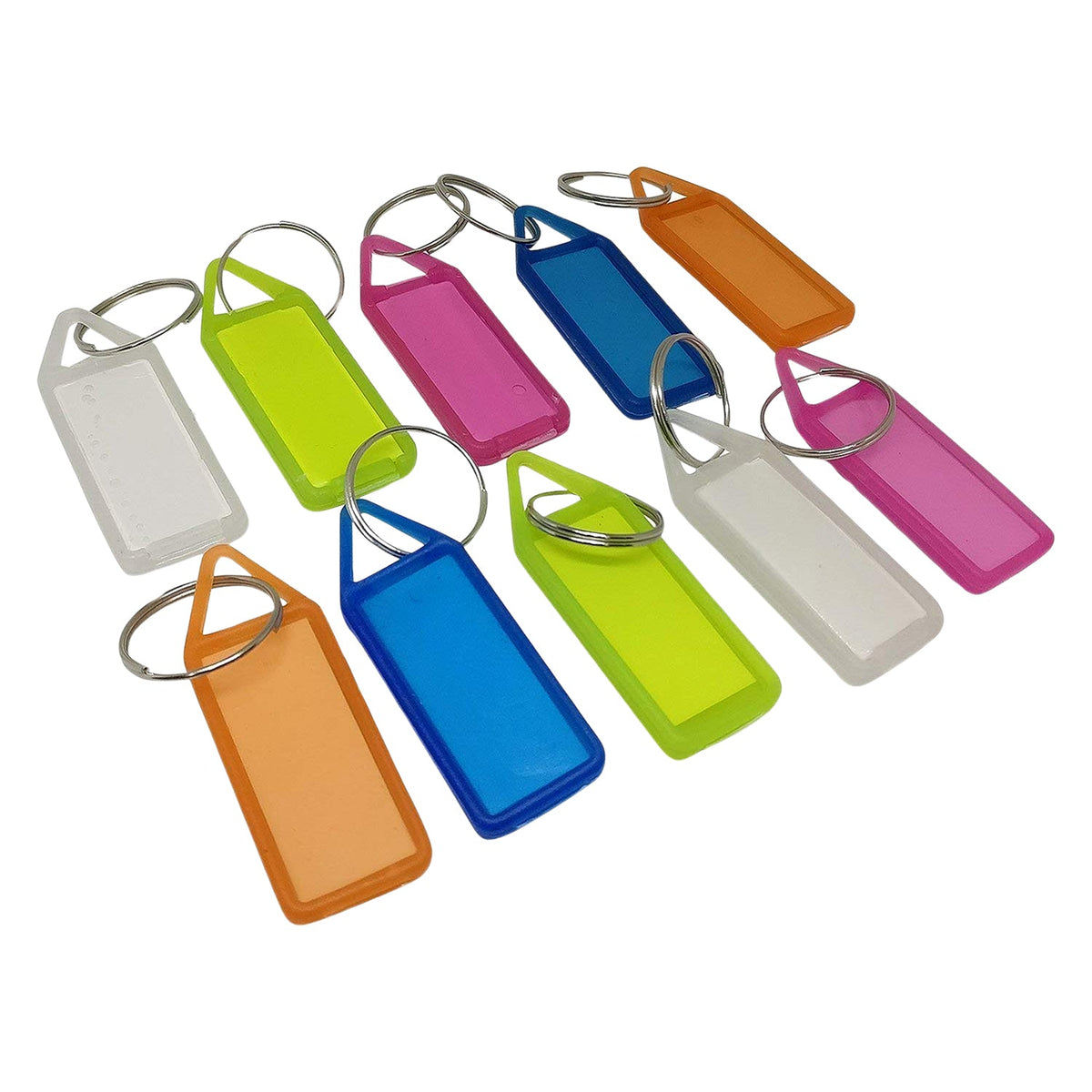 Assorted colorful plastic key tags displayed flat for easy labeling