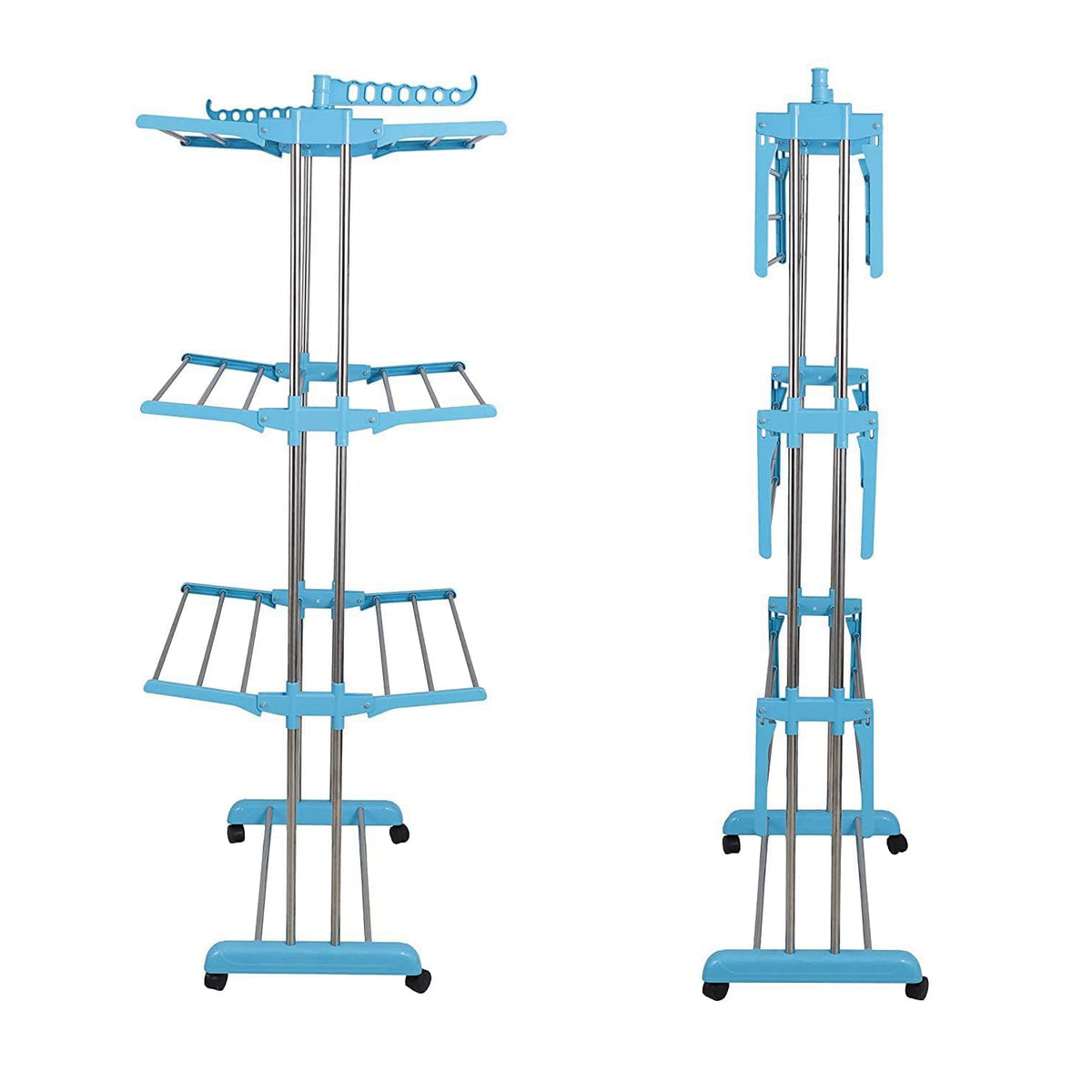 Foldable cloth drying stand with smooth-rolling wheels and locking mechanism.