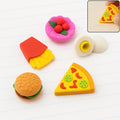 A vibrant 5-piece food-shaped eraser set featuring various mini dessert and snack designs.