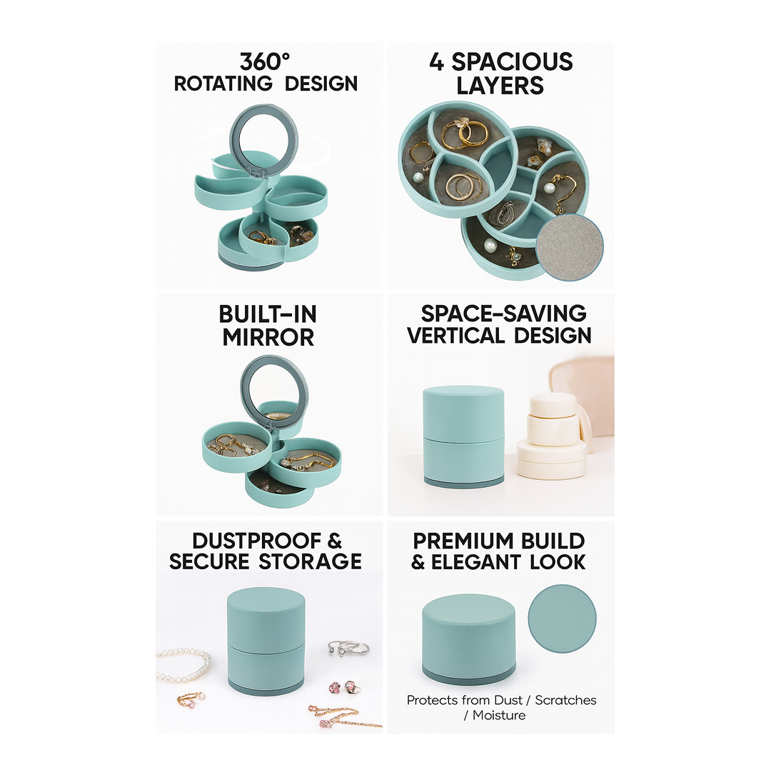Portable jewellery case with 4 rotating layers, ideal for travel and home use.