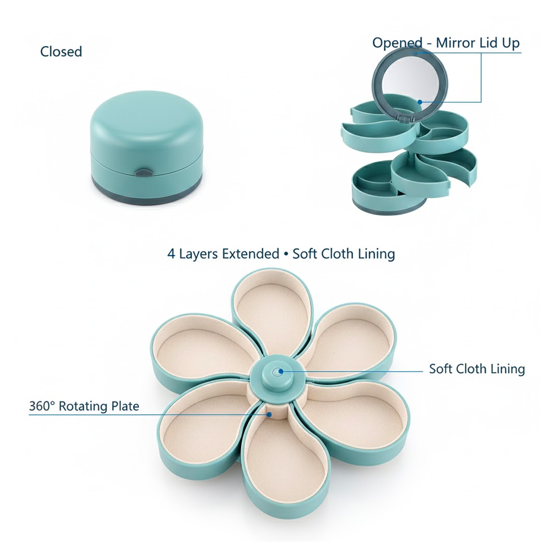 Compact travel jewellery organizer box with 360-degree rotation.