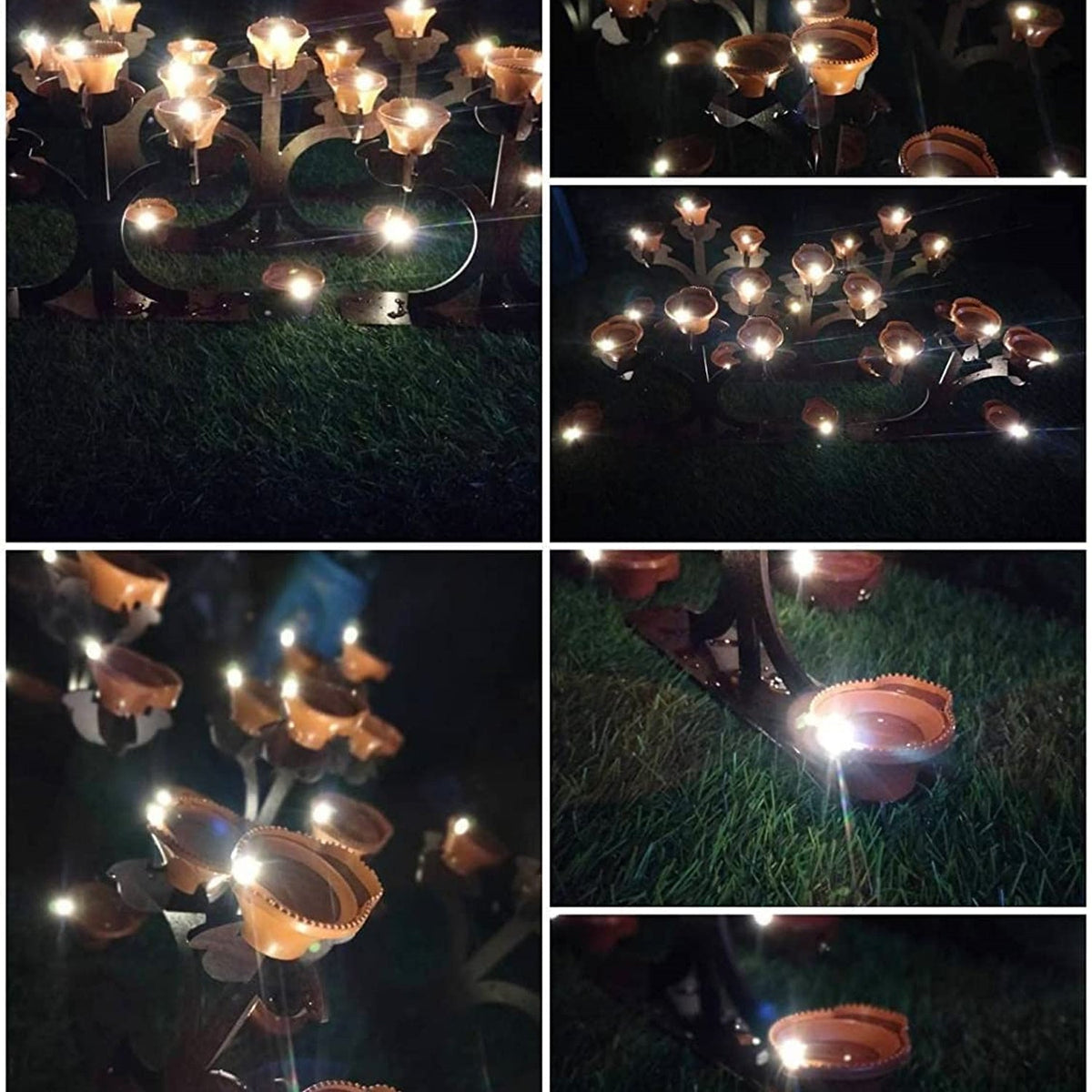 Water Sensor Diyas creating a beautiful display on a rangoli for Diwali.
