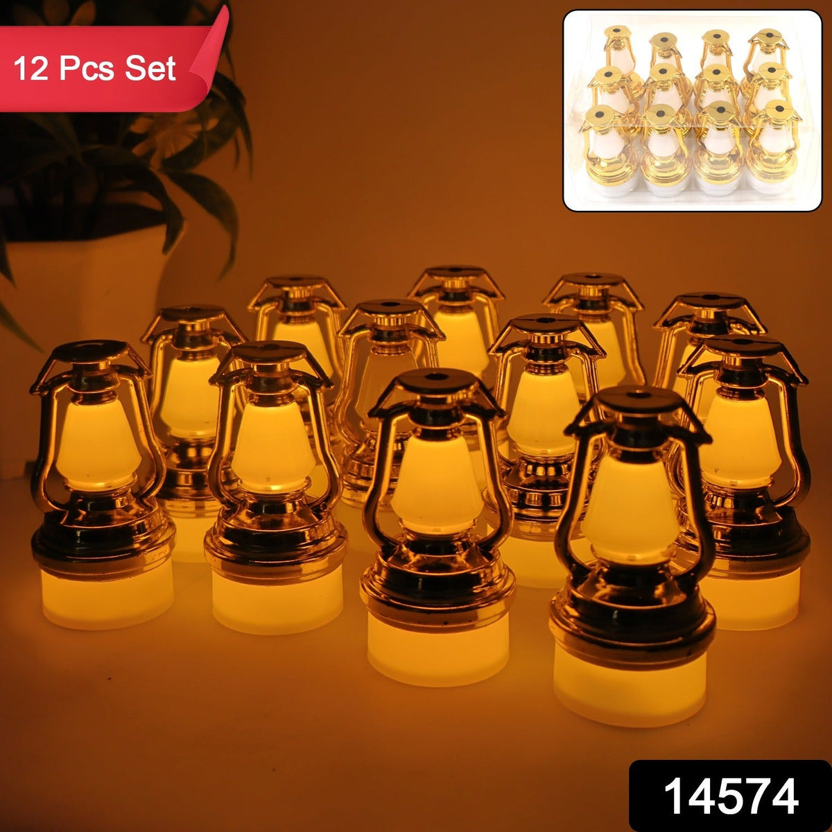 Close-up of flameless LED candles in vintage lantern style for home decor