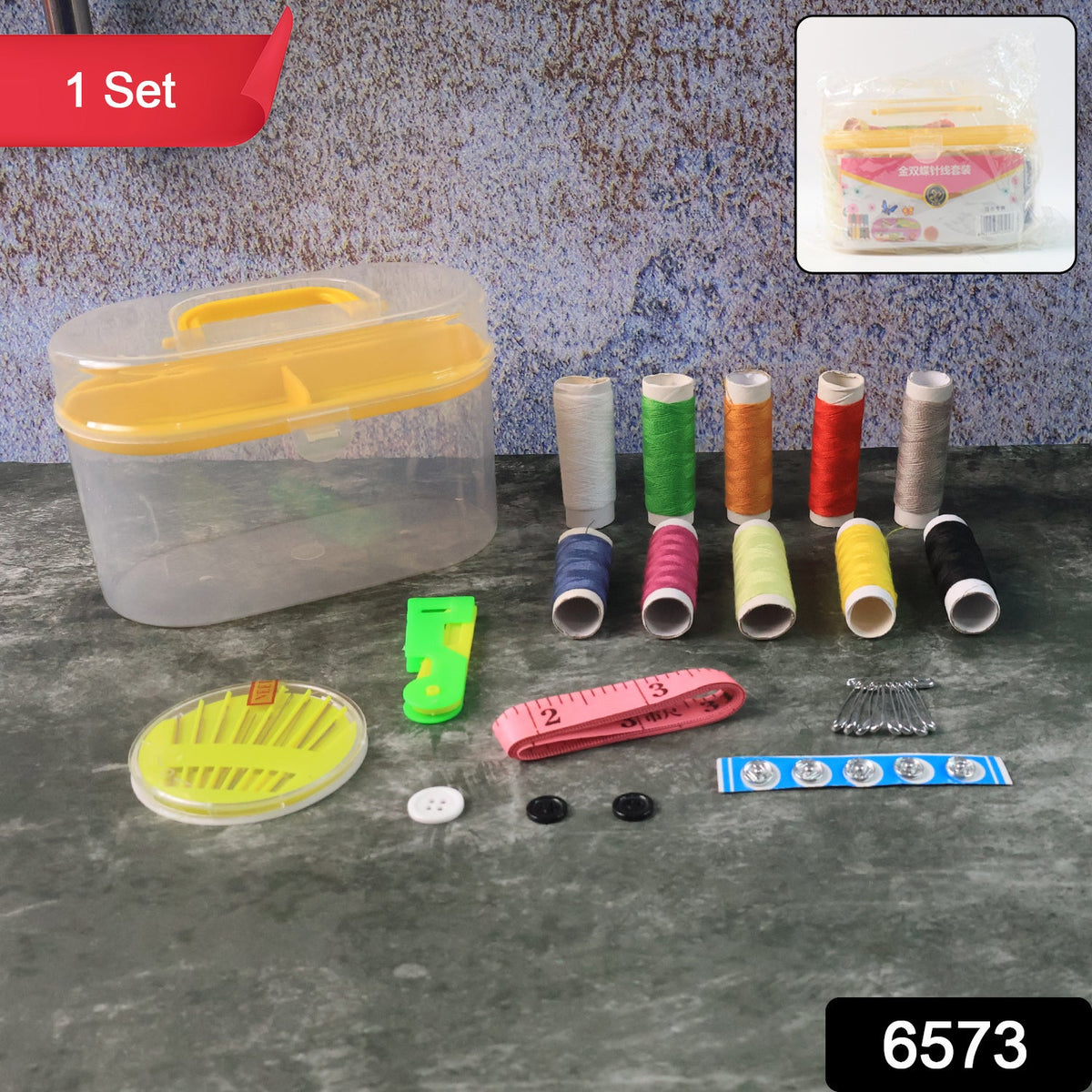 Hand sewing kit contents: vibrant threads, sharp scissors, and various needles.