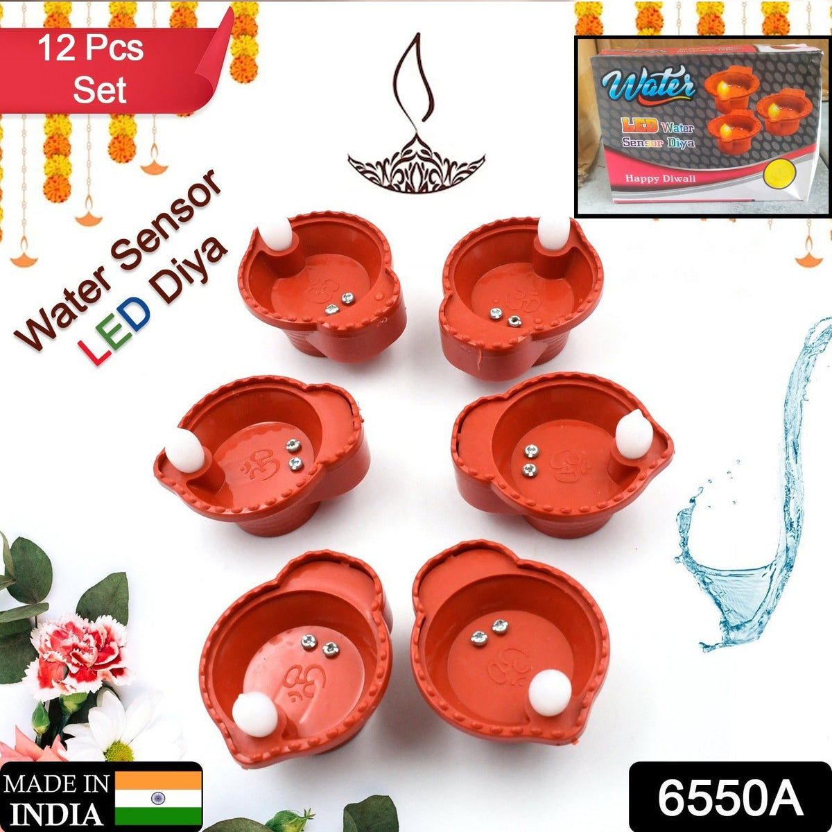 Close-up of a single water-activated diya illuminating with a water drop.