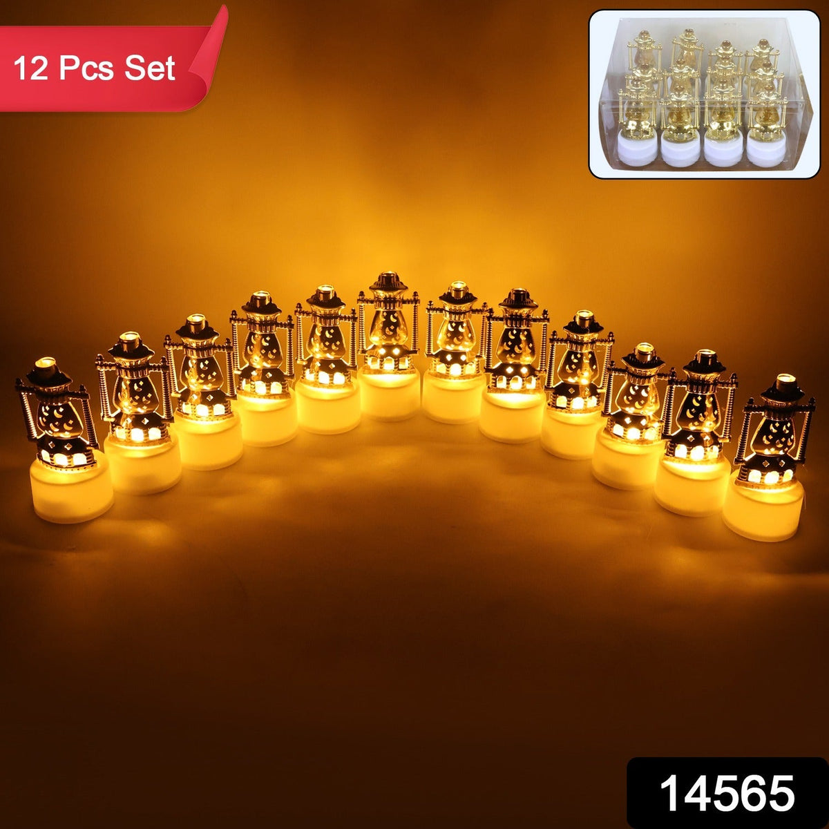 Close-up of decorative flameless LED candles with vintage lantern design