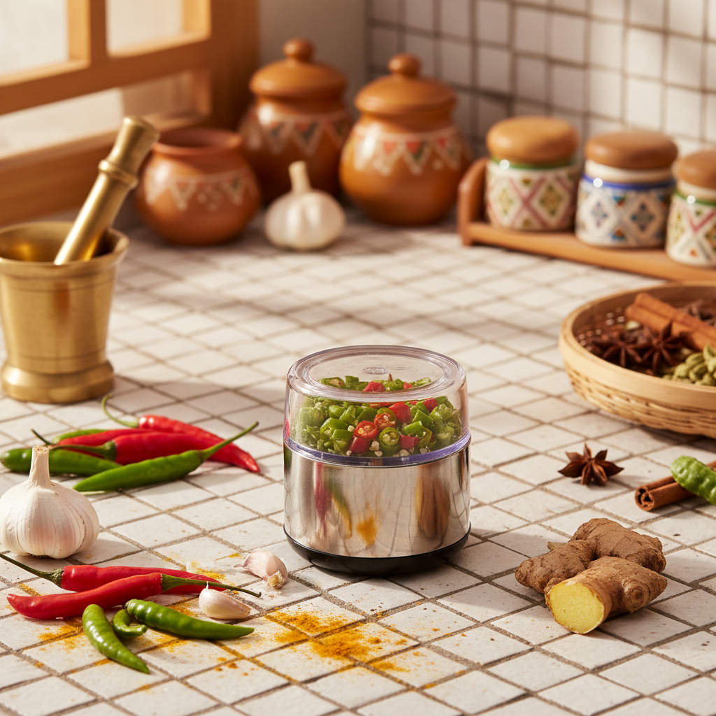 Chilly Cutter lifestyle - fresh chilies, garlic and ginger on Indian kitchen counter