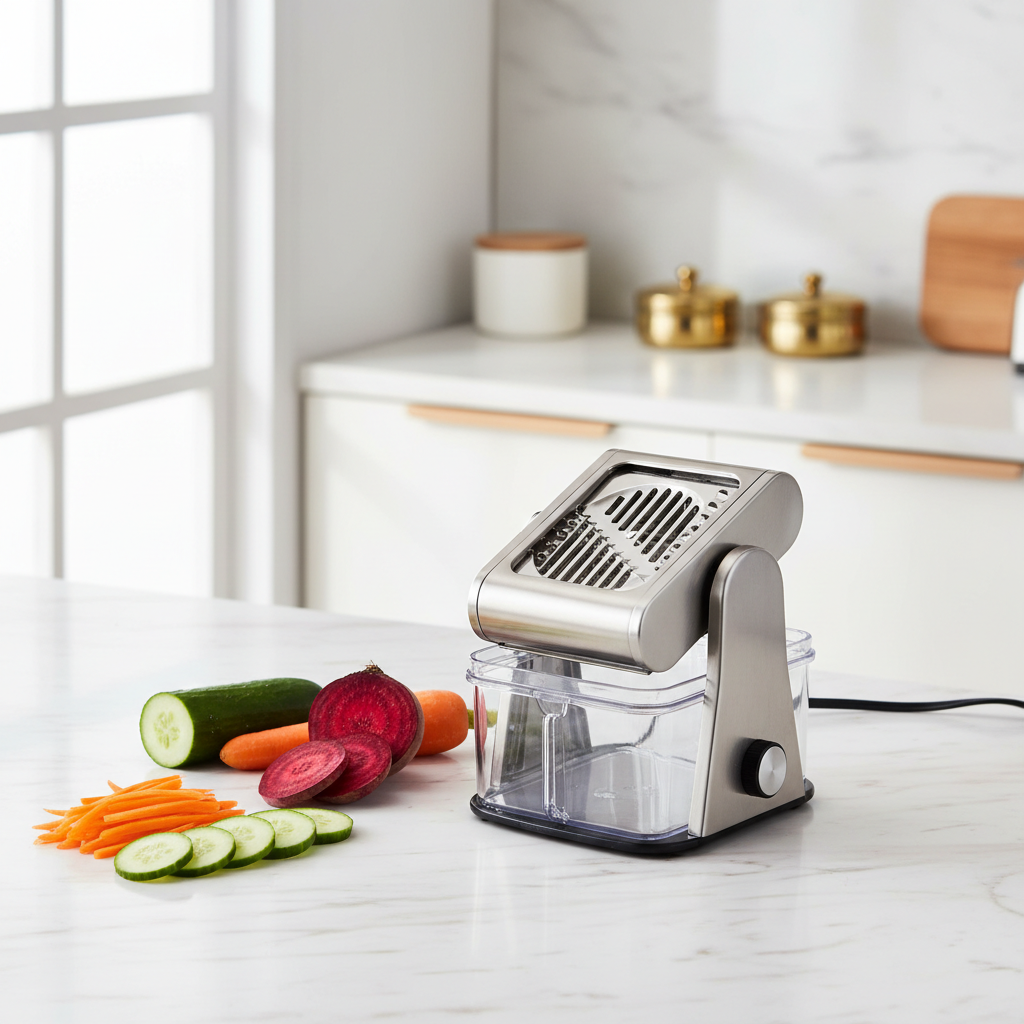 6-in-1 Vegetable Slicer lifestyle - sliced vegetables on marble countertop