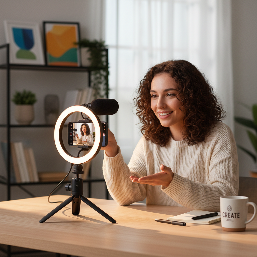 Vlogging Kit lifestyle - creator recording video with tripod, mic and LED light