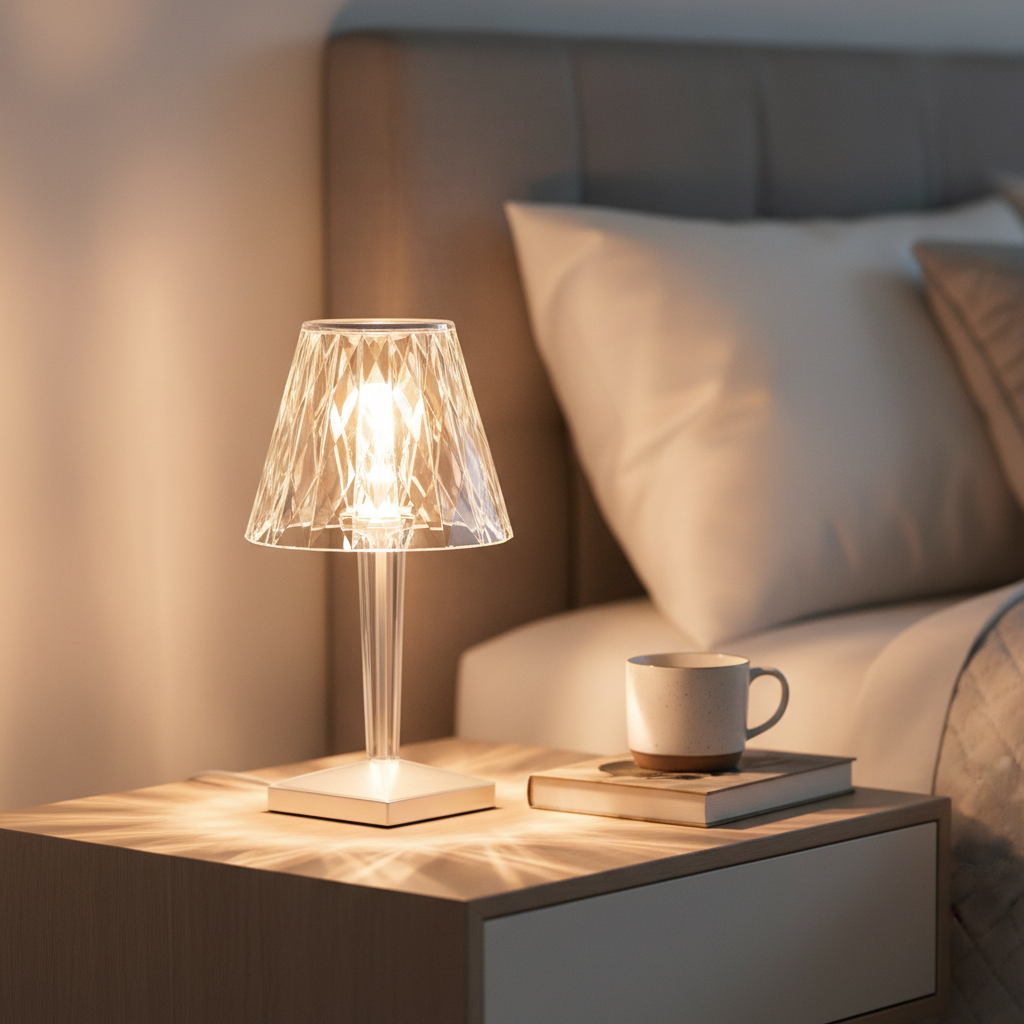 Crystal Table Lamp lifestyle - glowing warm white on modern wooden bedside table